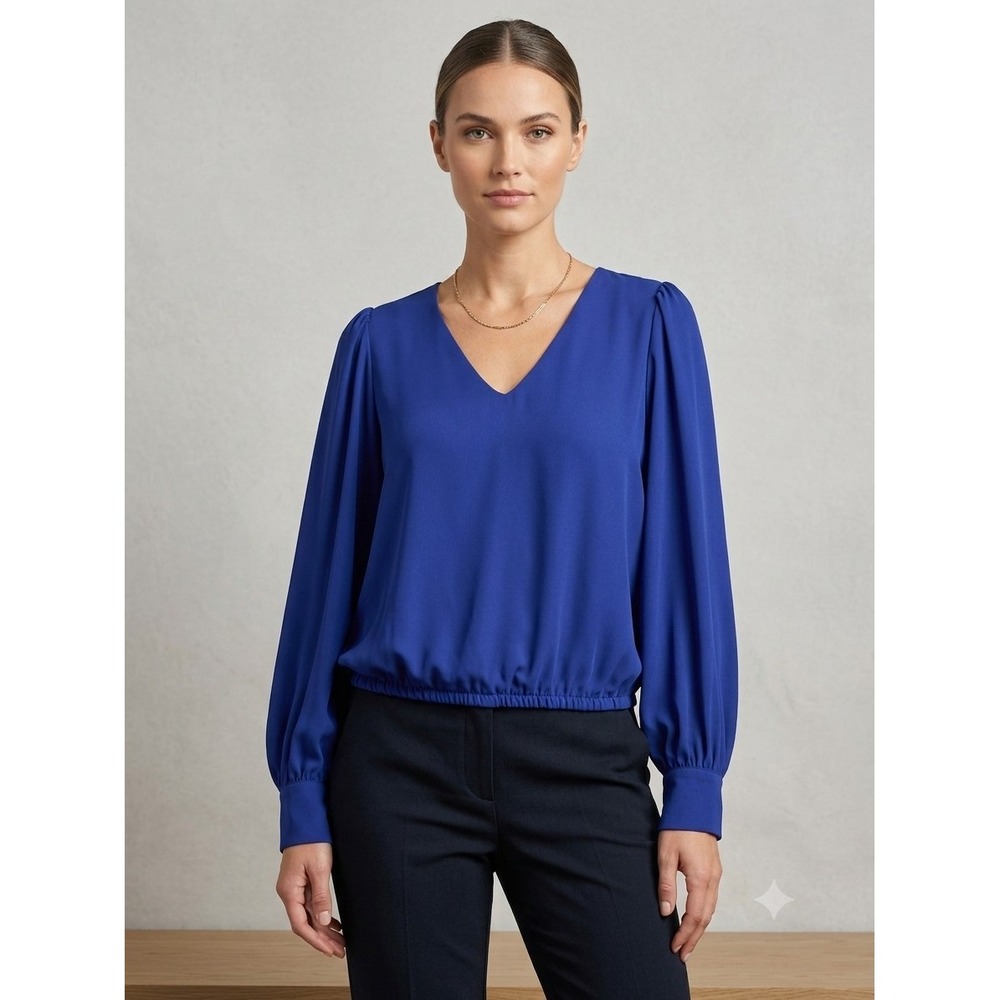 Karen Kane Puff Balloon Sleeve Blouse Sz Small Royal Blue Business Chic Romantic